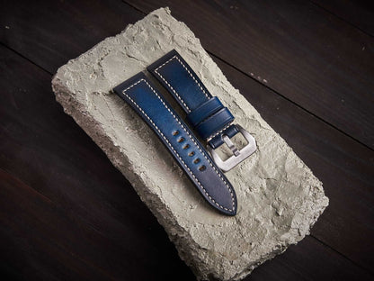 Patina blue veg tan leather Panerai strap. Customizable size and details.-2 Moons Leather