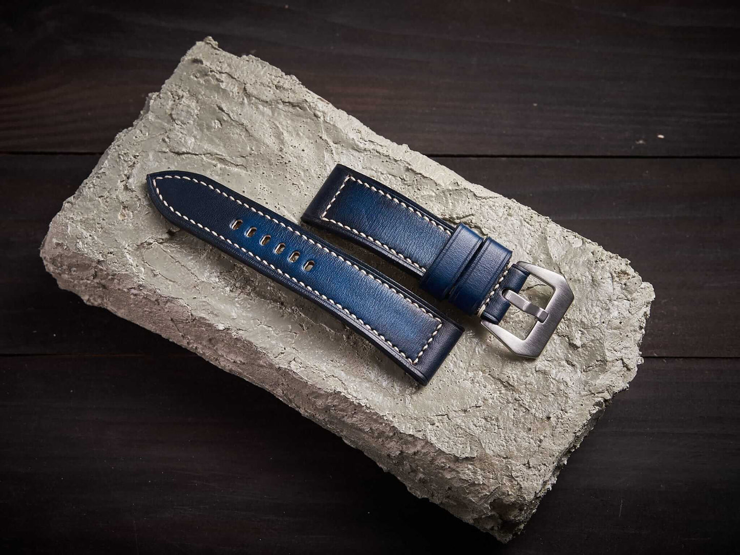 Patina blue veg tan leather Panerai strap. Customizable size and details.-2 Moons Leather