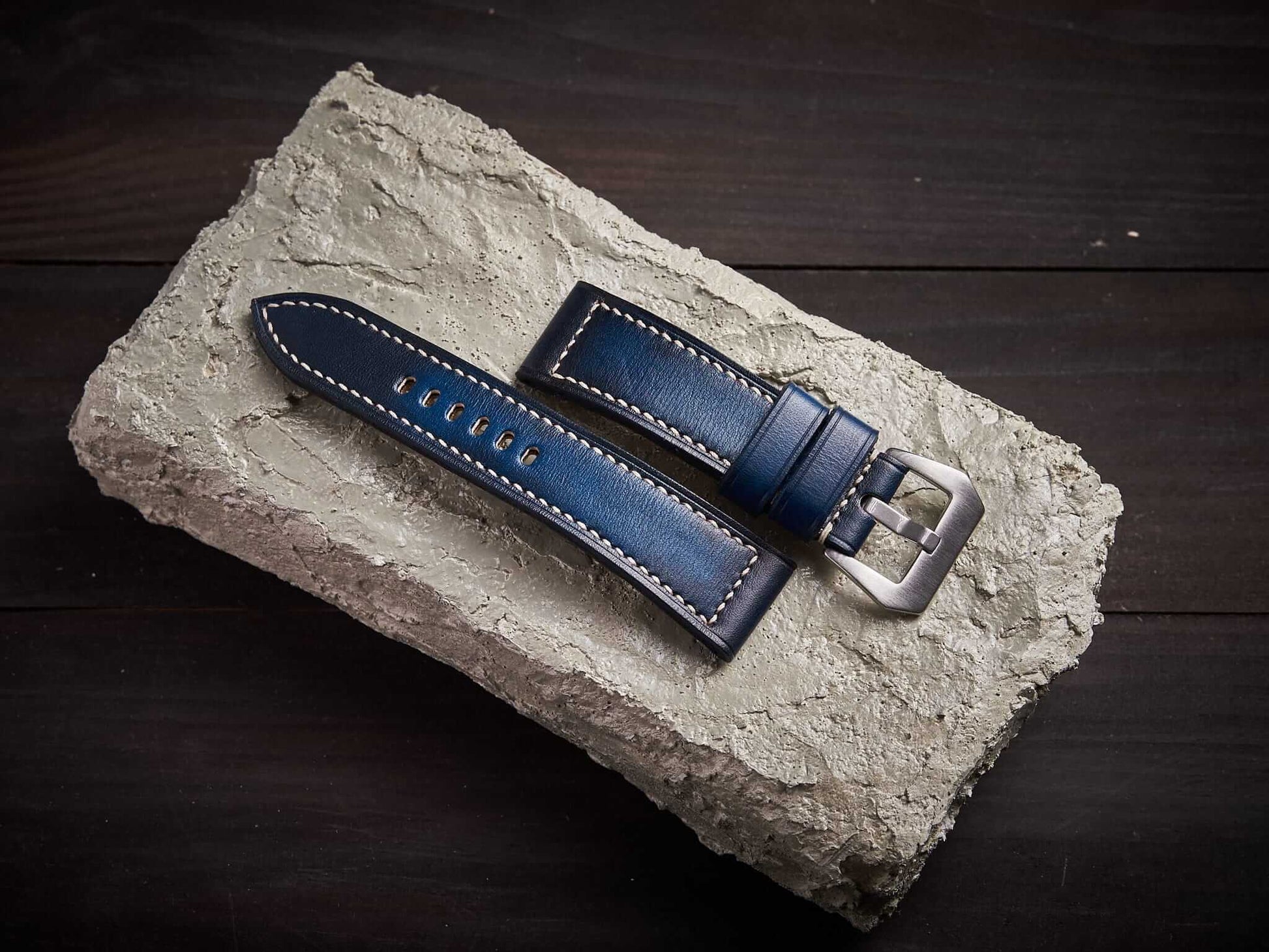 Patina blue veg tan leather Panerai strap. Customizable size and details.-2 Moons Leather