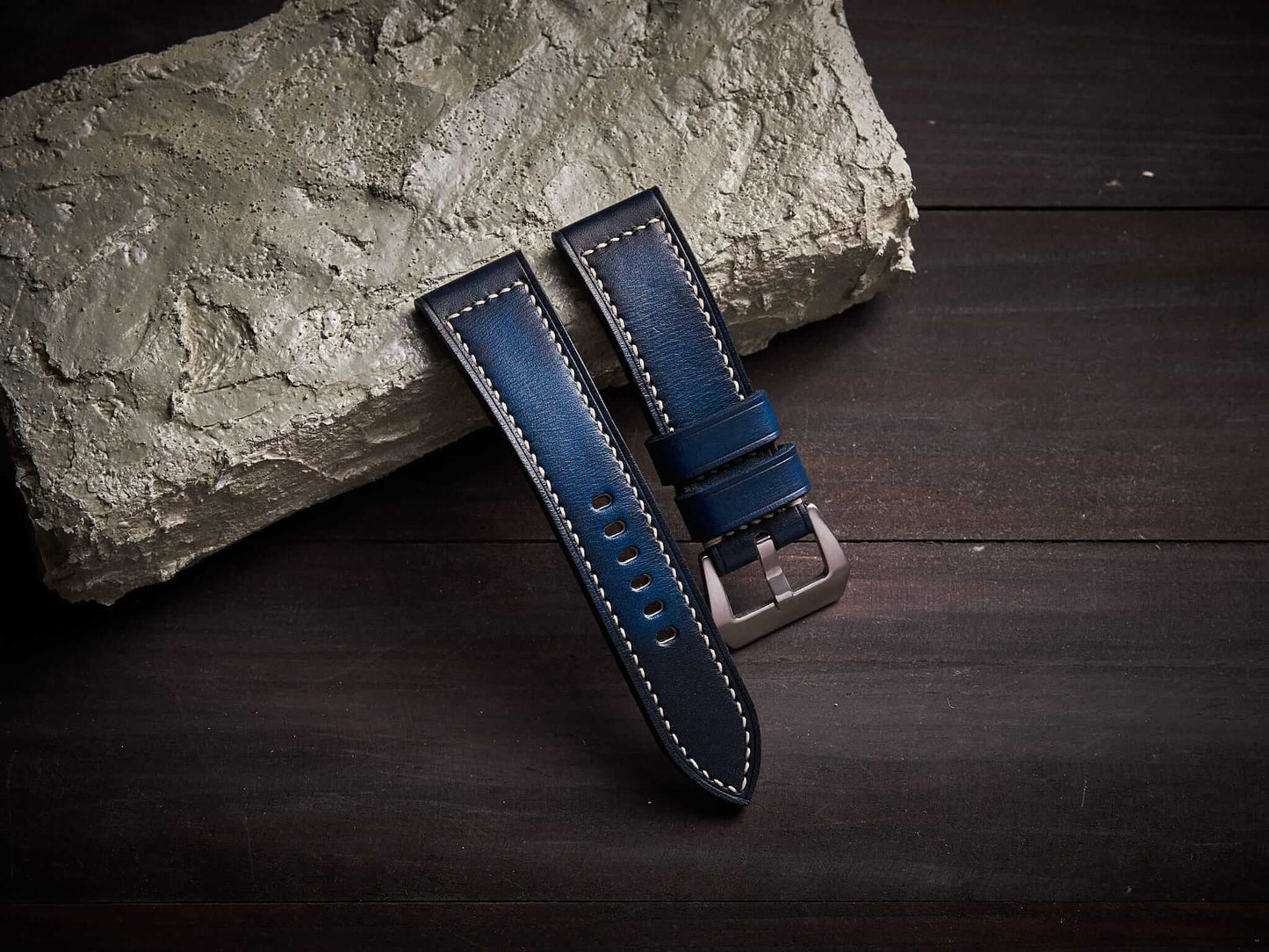 Patina blue veg tan leather Panerai strap. Customizable size and details.-2 Moons Leather