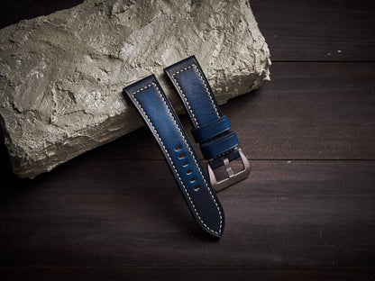 Patina blue veg tan leather Panerai strap. Customizable size and details.-2 Moons Leather