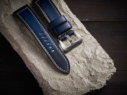 Patina blue veg tan leather Panerai strap. Customizable size and details.-2 Moons Leather