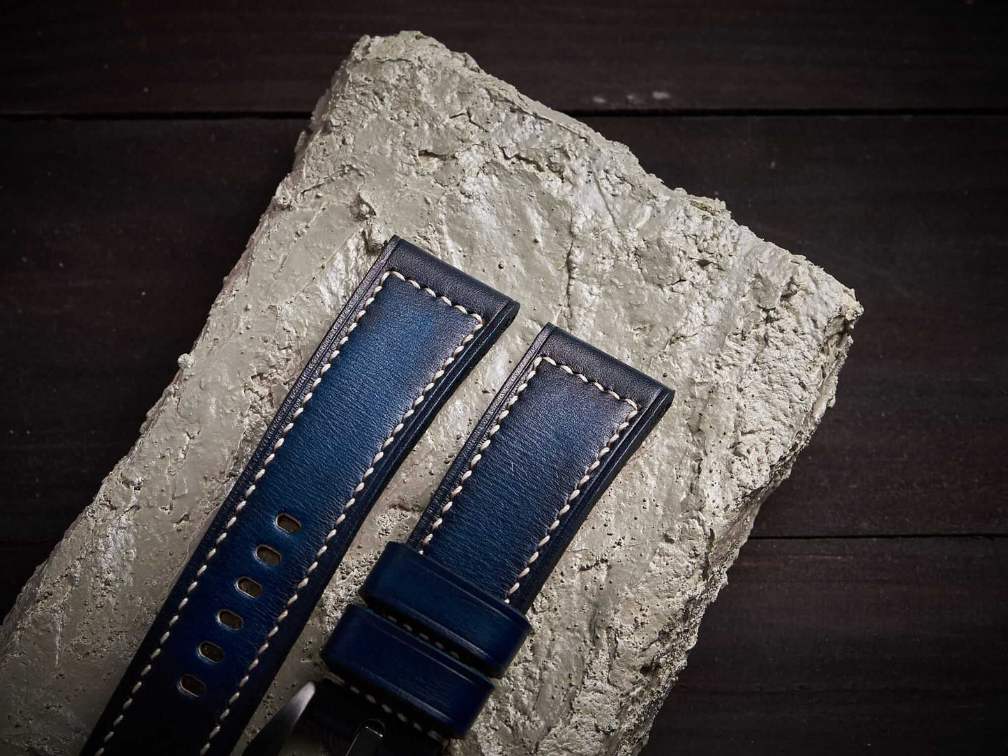 Patina blue veg tan leather Panerai strap. Customizable size and details.-2 Moons Leather
