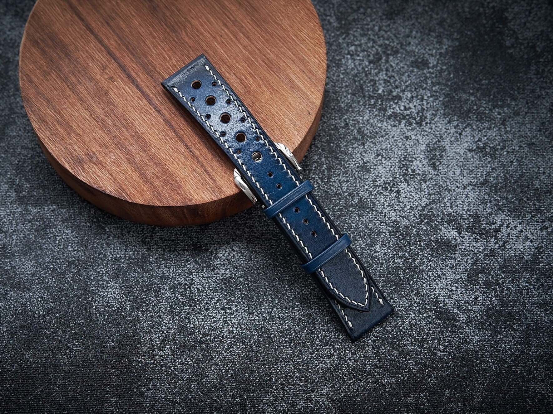 Patina blue leather rally strap. Customizable size and details.-2 Moons Leather