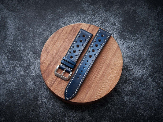 Patina blue leather rally strap. Customizable size and details.-2 Moons Leather