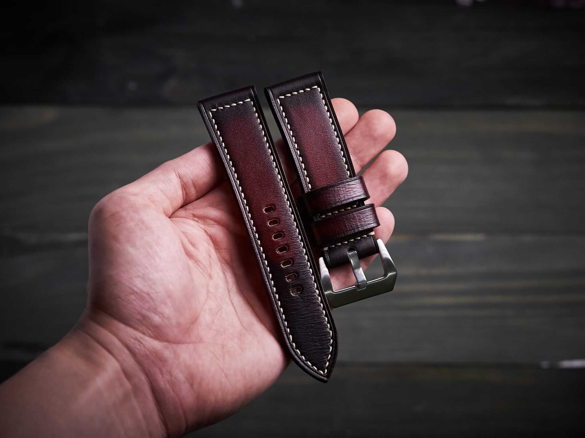 Patina mahogany veg tan leather Panerai strap. Customizable size and details.-2 Moons Leather