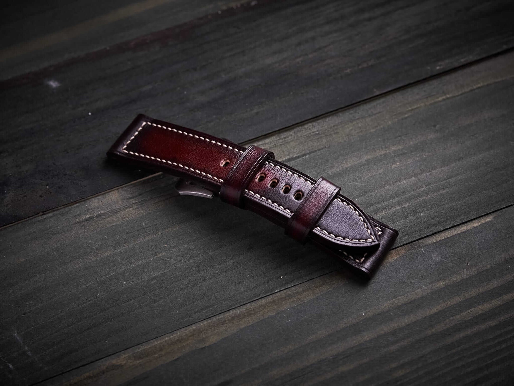 Patina mahogany veg tan leather Panerai strap. Customizable size and details.-2 Moons Leather