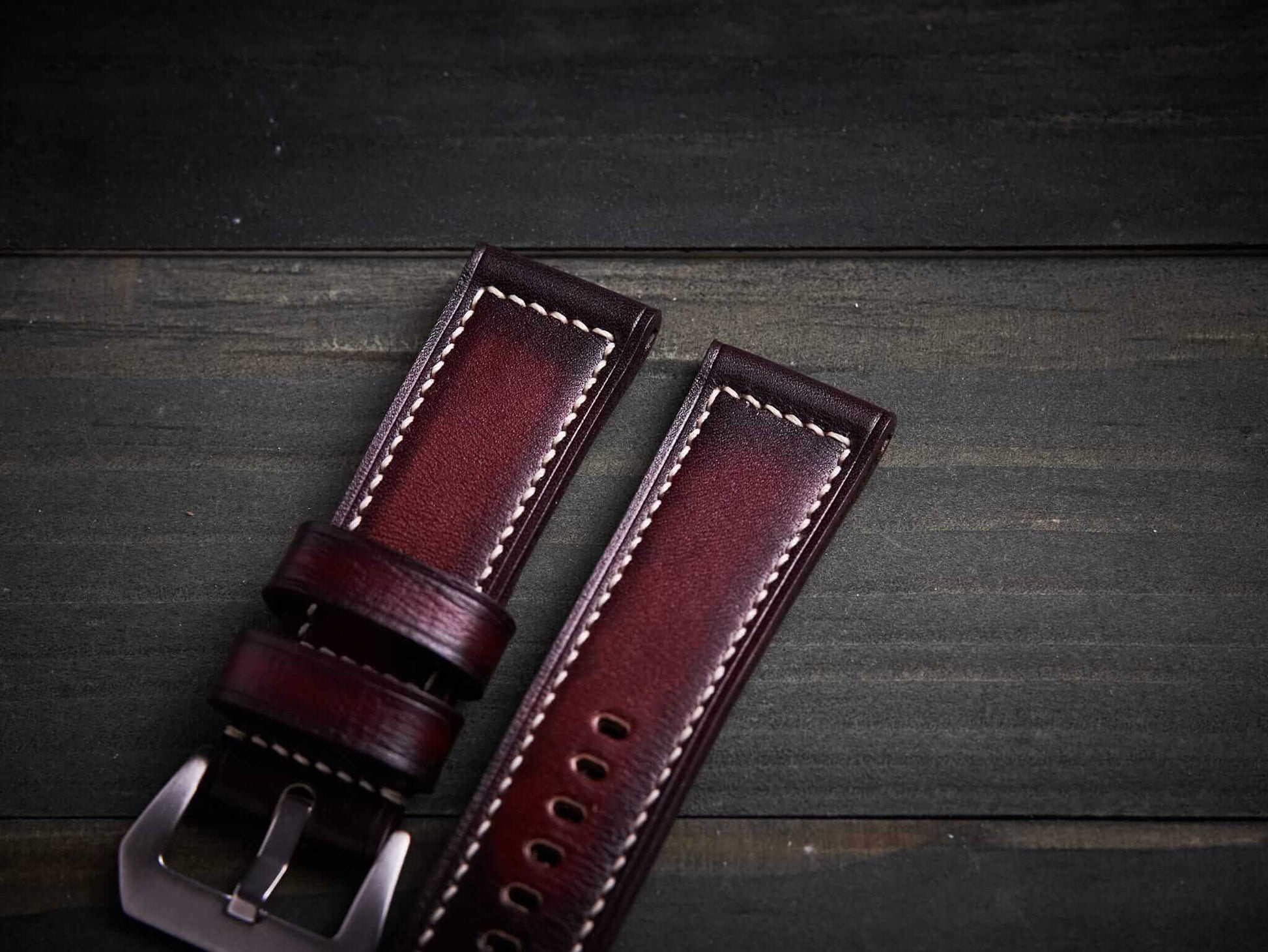 Patina mahogany veg tan leather Panerai strap. Customizable size and details.-2 Moons Leather