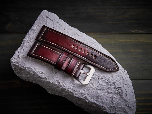 Patina mahogany veg tan leather Panerai strap. Customizable size and details.-2 Moons Leather
