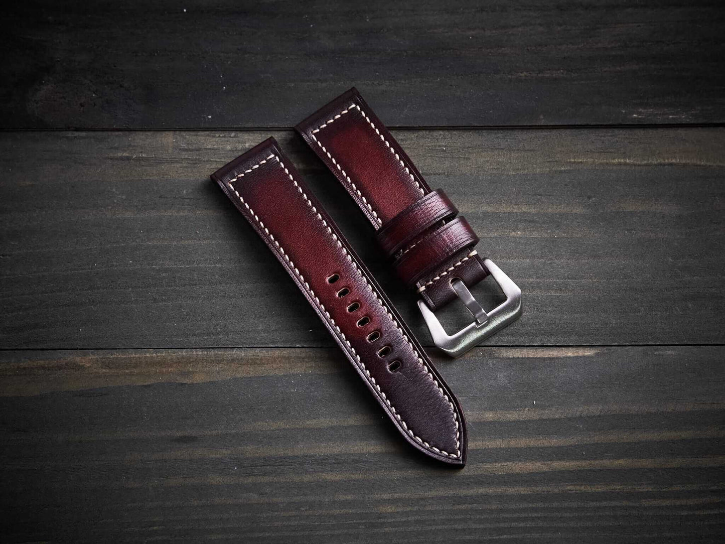 Patina mahogany veg tan leather Panerai strap. Customizable size and details.-2 Moons Leather