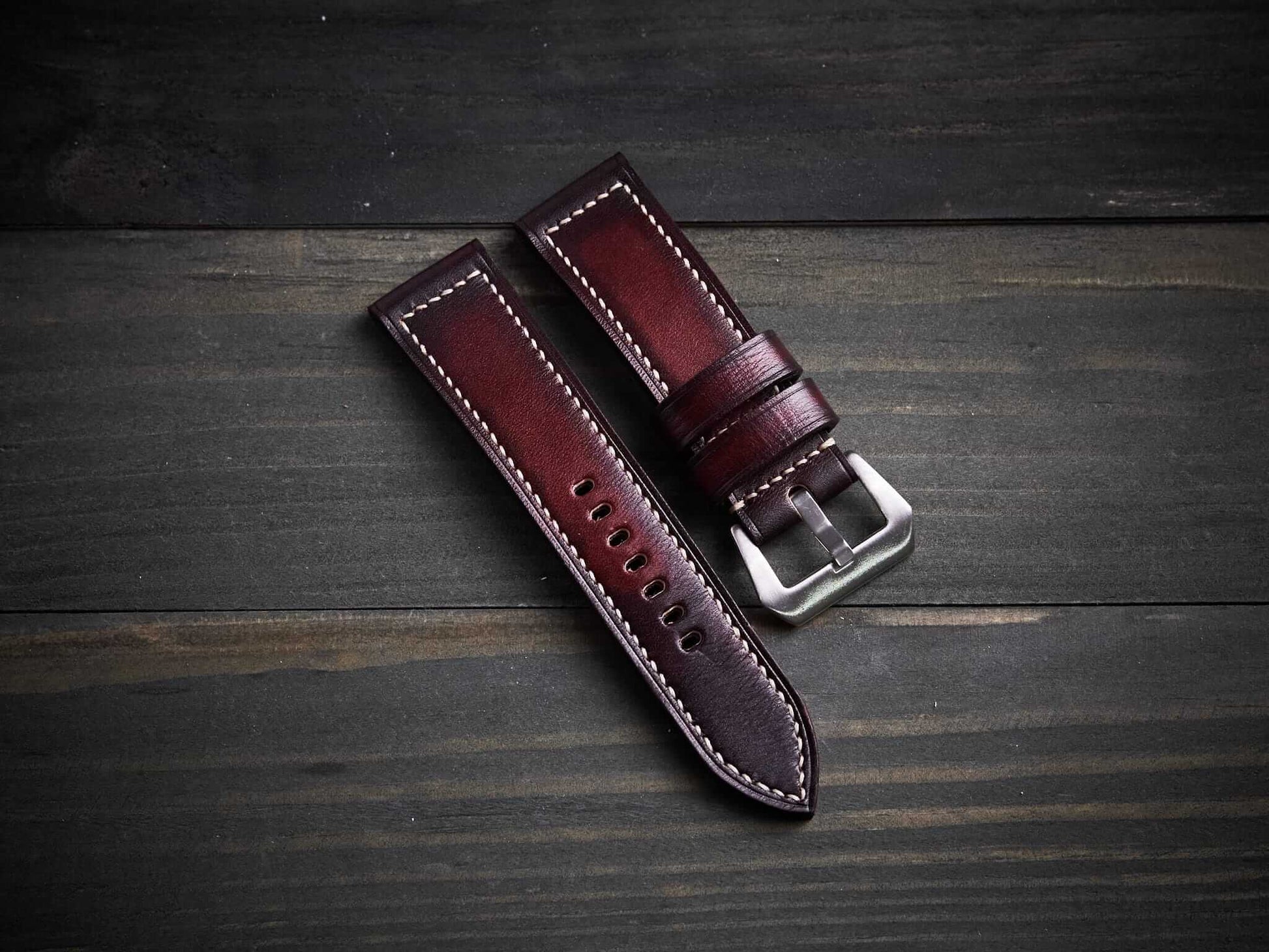 Patina mahogany veg tan leather Panerai strap. Customizable size and details.-2 Moons Leather