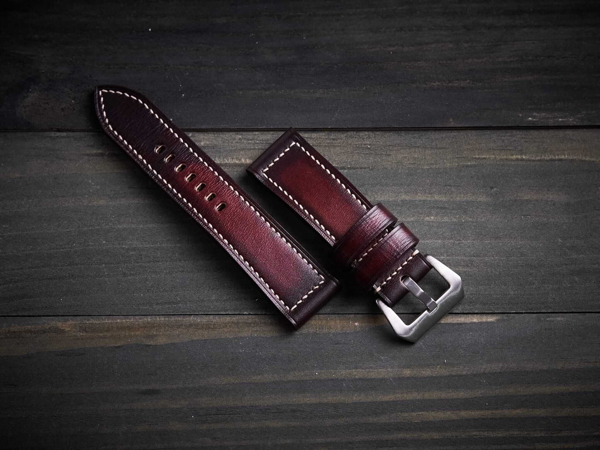 Patina mahogany veg tan leather Panerai strap. Customizable size and details.-2 Moons Leather