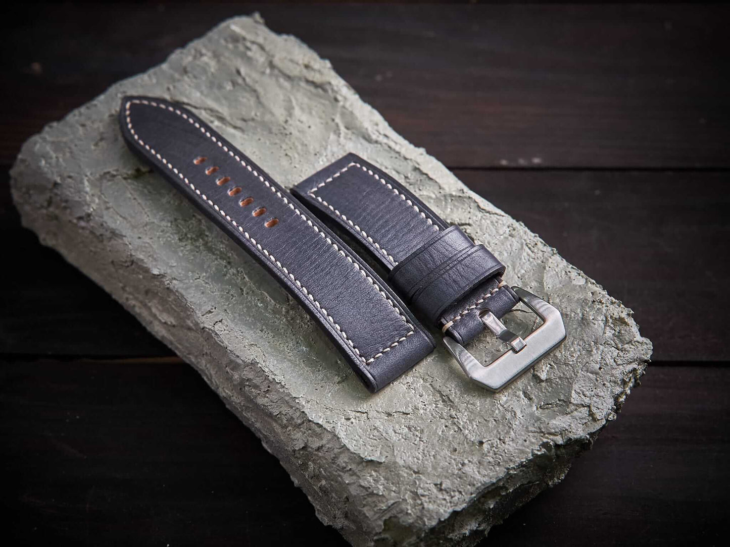Gray veg tan leather Panerai strap. Customizable size and details.-2 Moons Leather