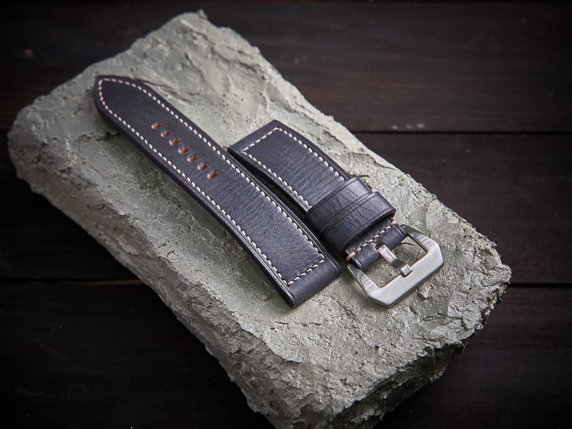 Gray veg tan leather Panerai strap. Customizable size and details.-2 Moons Leather