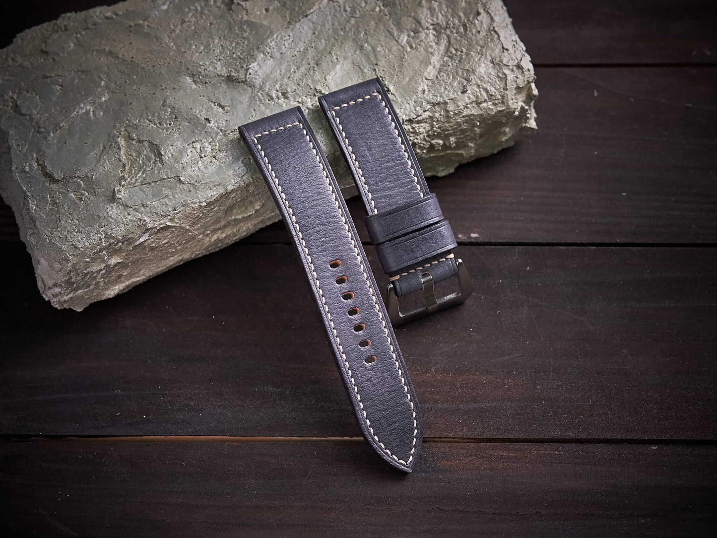 Gray veg tan leather Panerai strap. Customizable size and details.-2 Moons Leather