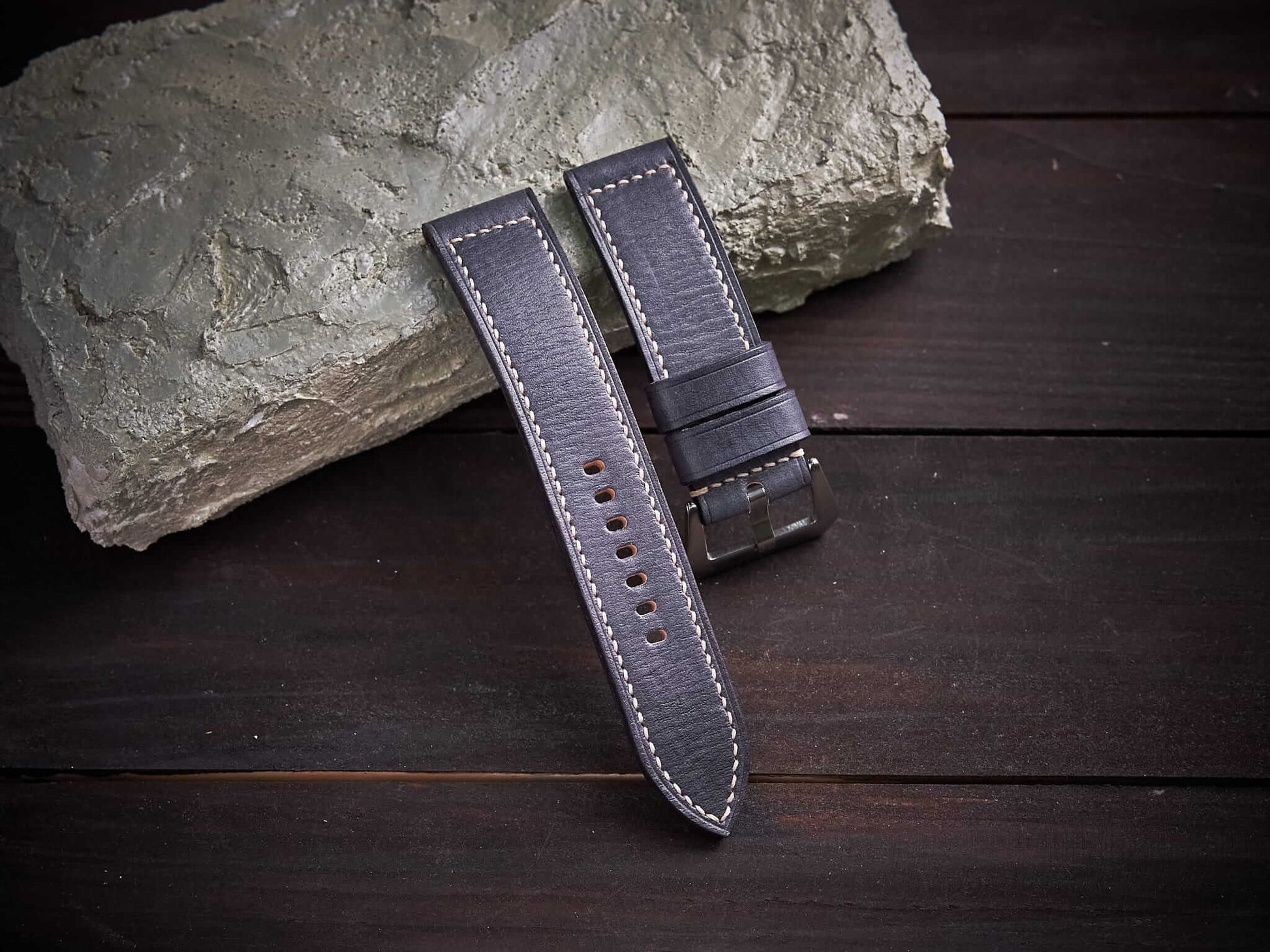 Gray veg tan leather Panerai strap. Customizable size and details.-2 Moons Leather