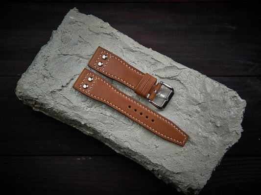 Tan brown vachetta leather rivet pilot strap. Customizable IWC strap.-2 Moons Leather