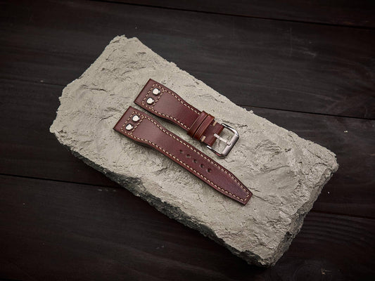 Tan brown veg tan leather rivet pilot strap. Customizable IWC strap.-2 Moons Leather