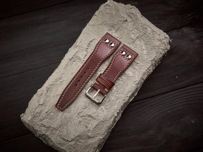 Tan brown veg tan leather rivet pilot strap. Customizable IWC strap.-2 Moons Leather
