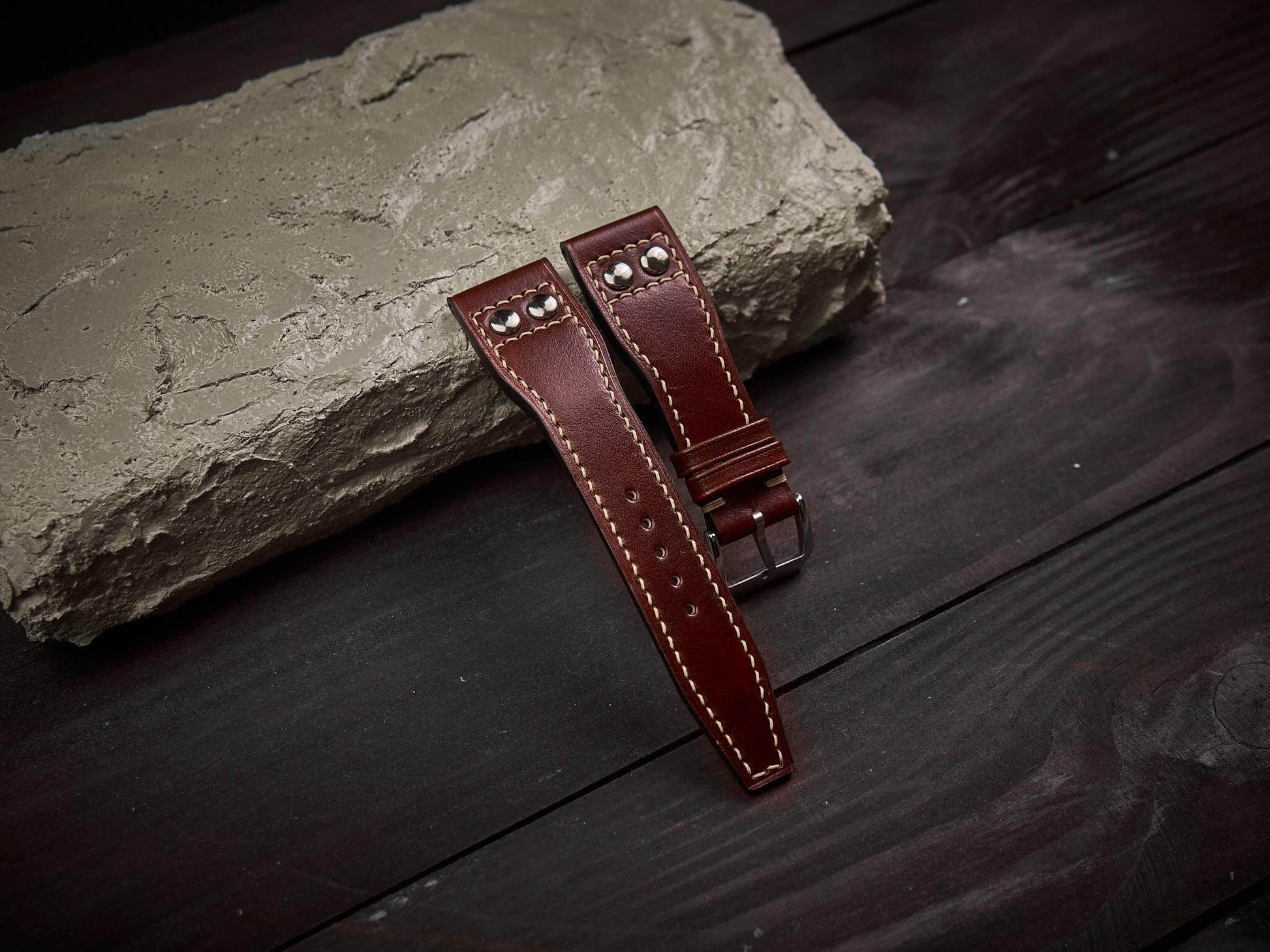 Tan brown veg tan leather rivet pilot strap. Customizable IWC strap.-2 Moons Leather