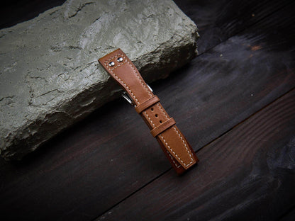 Tan brown vachetta leather rivet pilot strap. Customizable IWC strap.-2 Moons Leather