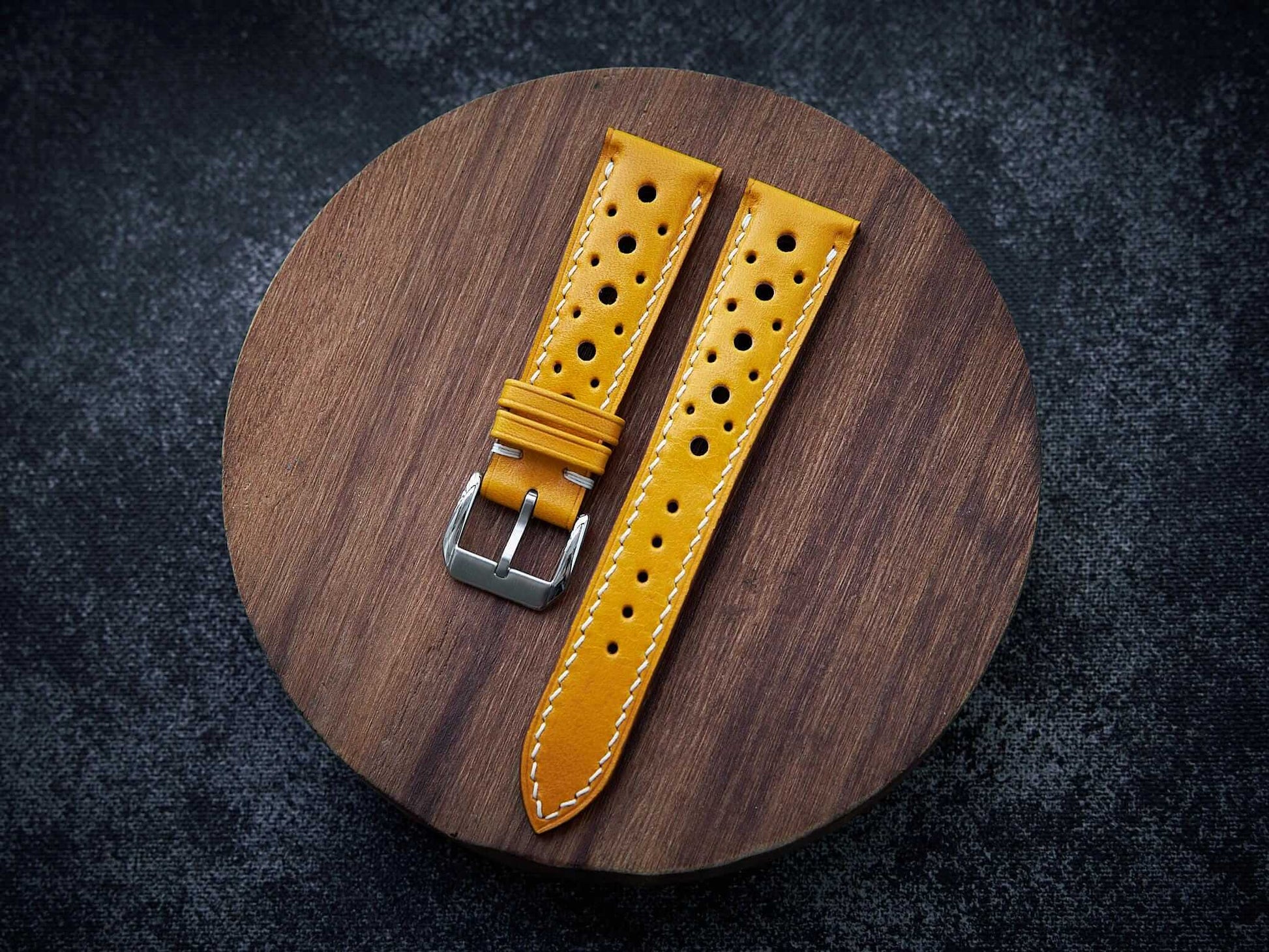 Yellow veg tan leather rally strap. Customizable size and details.-2 Moons Leather