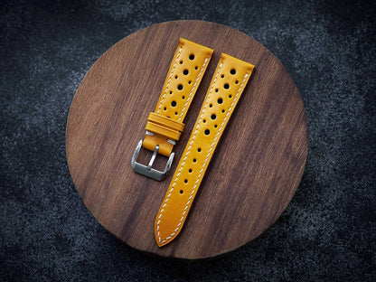 Yellow veg tan leather rally strap. Customizable size and details.-2 Moons Leather