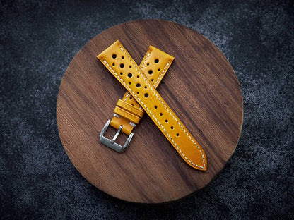 Yellow veg tan leather rally strap. Customizable size and details.-2 Moons Leather