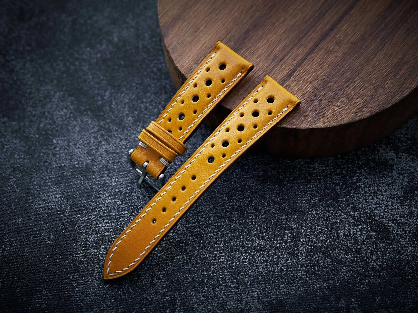 Yellow veg tan leather rally strap. Customizable size and details.-2 Moons Leather