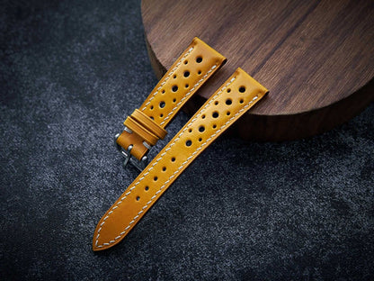 Yellow veg tan leather rally strap. Customizable size and details.-2 Moons Leather