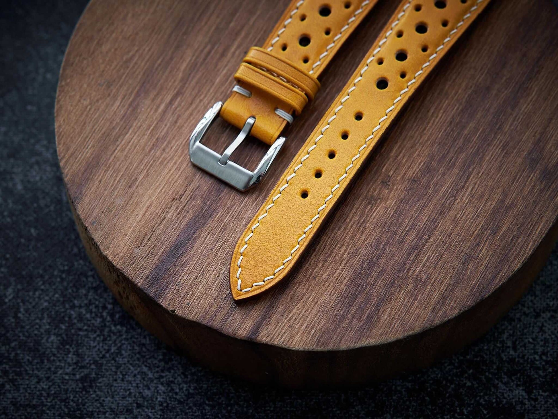 Yellow veg tan leather rally strap. Customizable size and details.-2 Moons Leather
