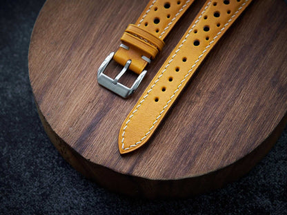 Yellow veg tan leather rally strap. Customizable size and details.-2 Moons Leather