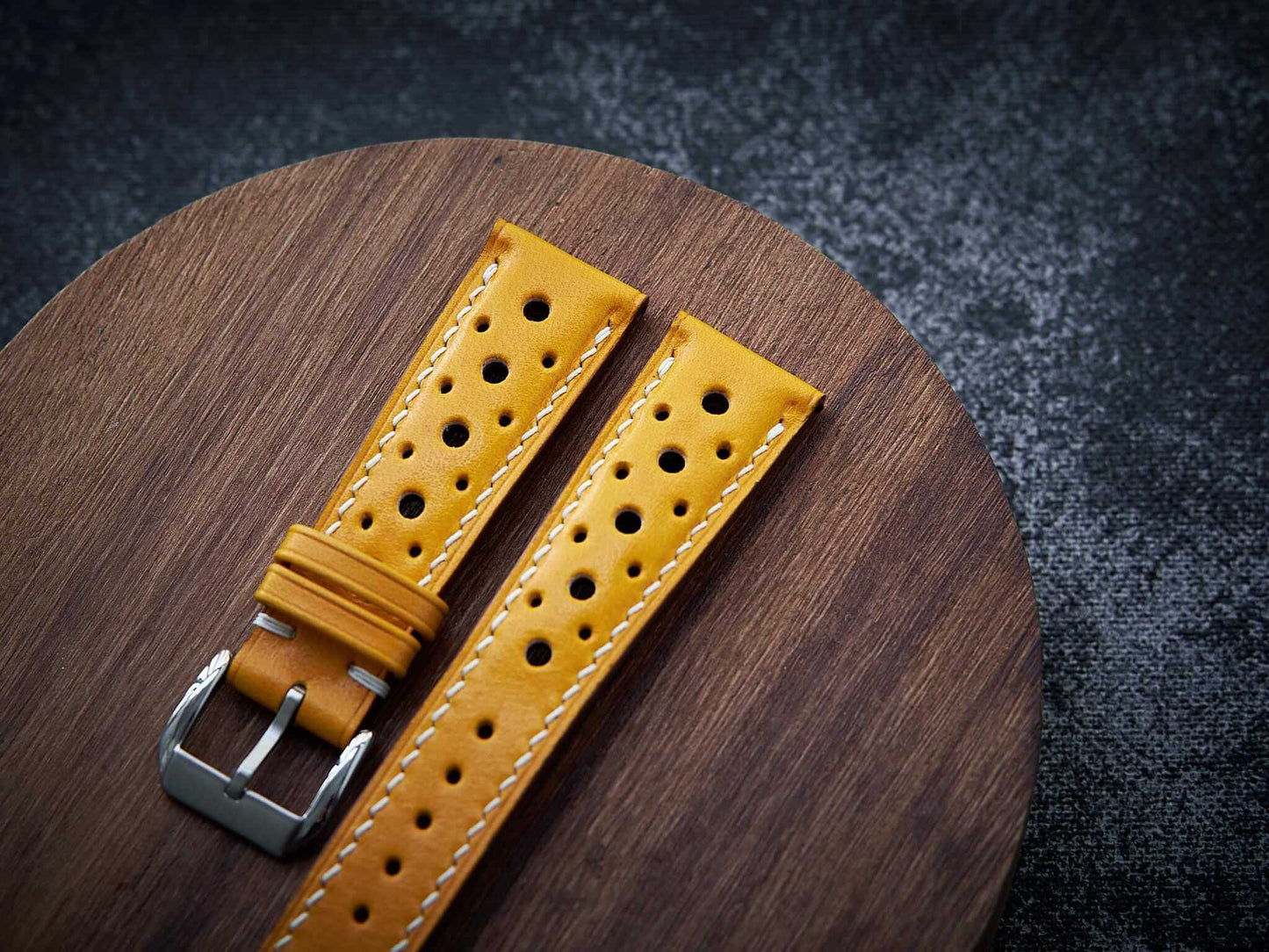 Yellow veg tan leather rally strap. Customizable size and details.-2 Moons Leather