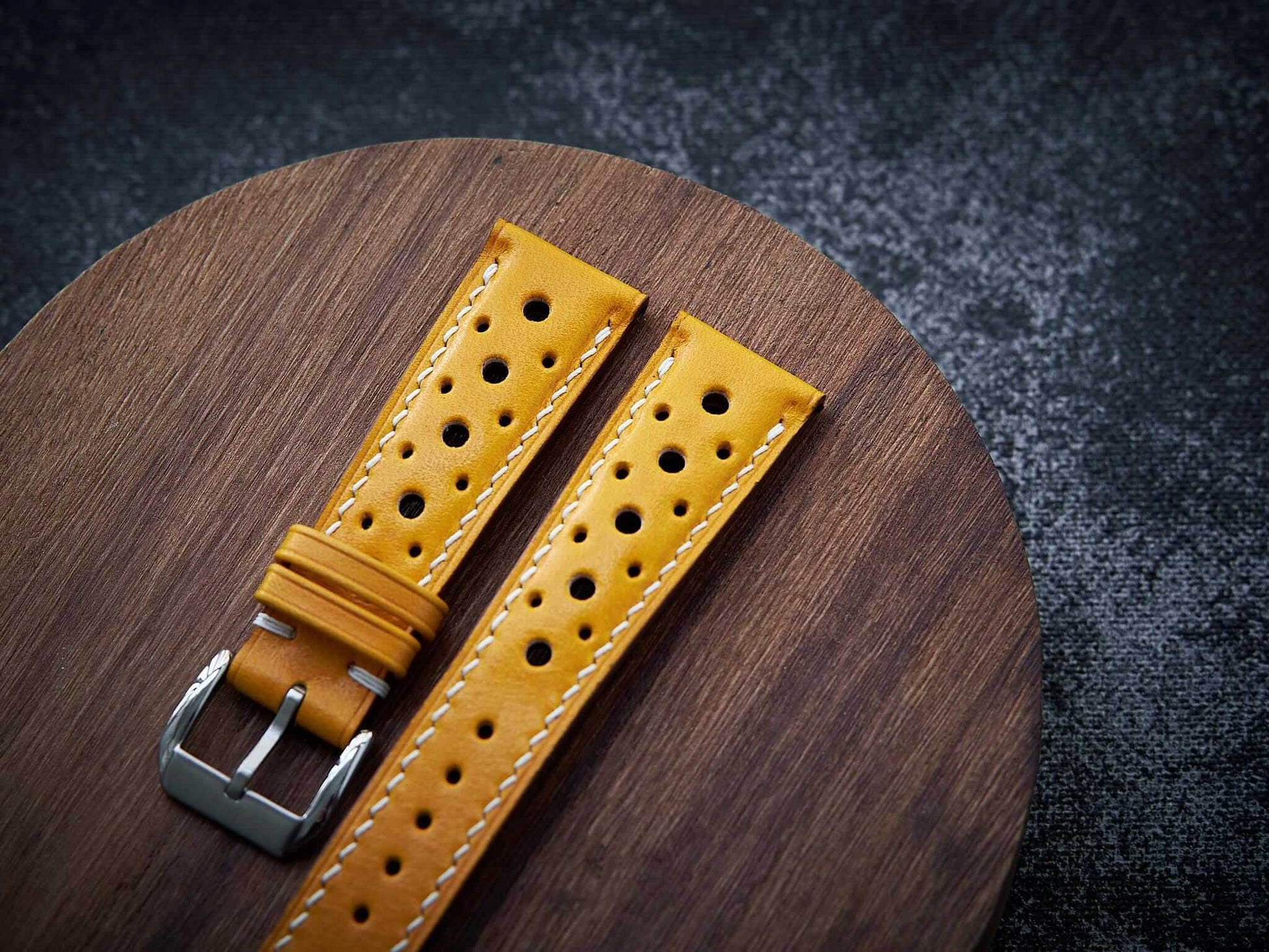 Yellow veg tan leather rally strap. Customizable size and details.-2 Moons Leather