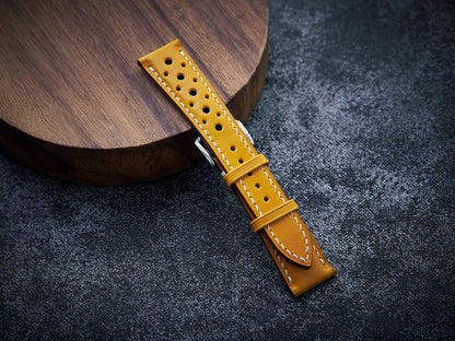 Yellow veg tan leather rally strap. Customizable size and details.-2 Moons Leather