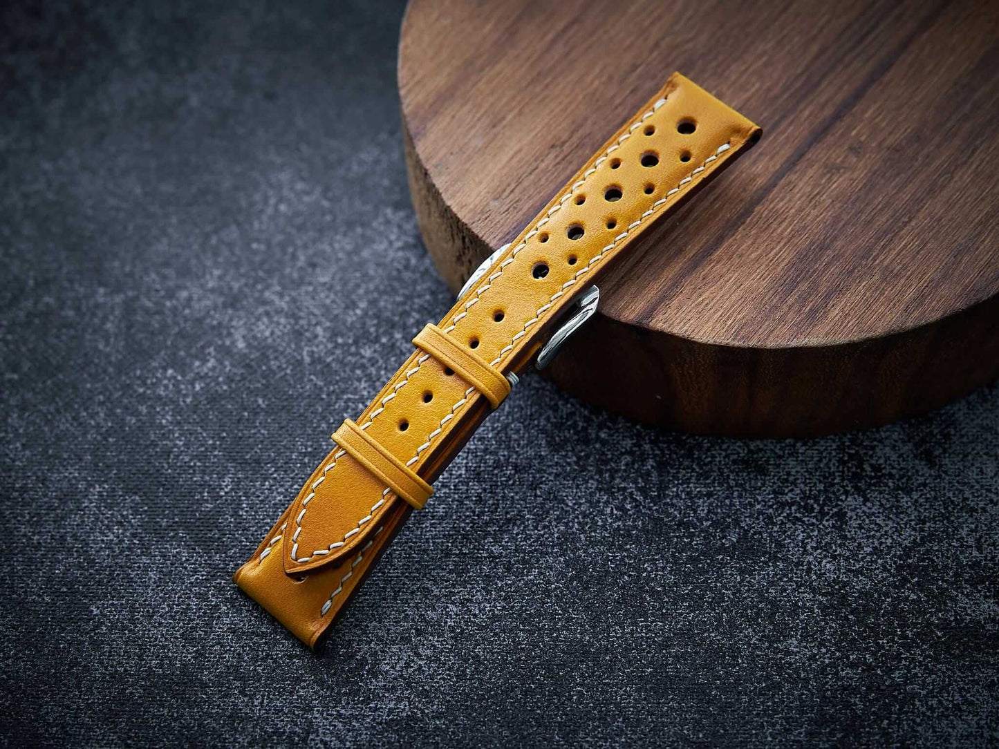Yellow veg tan leather rally strap. Customizable size and details.-2 Moons Leather