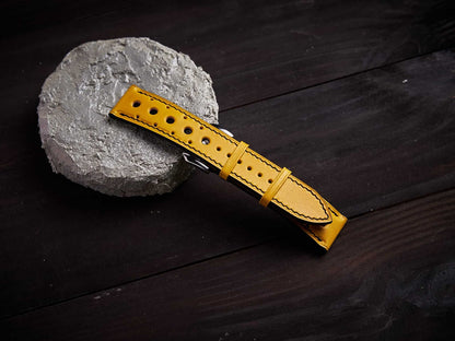Yellow veg tan leather rally strap. Customizable size and details.-2 Moons Leather