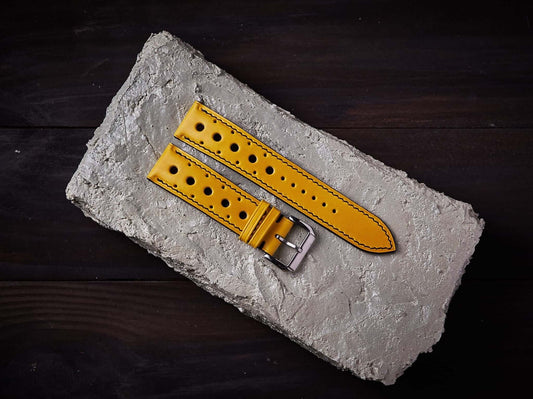 Yellow veg tan leather rally strap. Customizable size and details.-2 Moons Leather