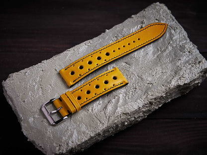Yellow veg tan leather rally strap. Customizable size and details.-2 Moons Leather