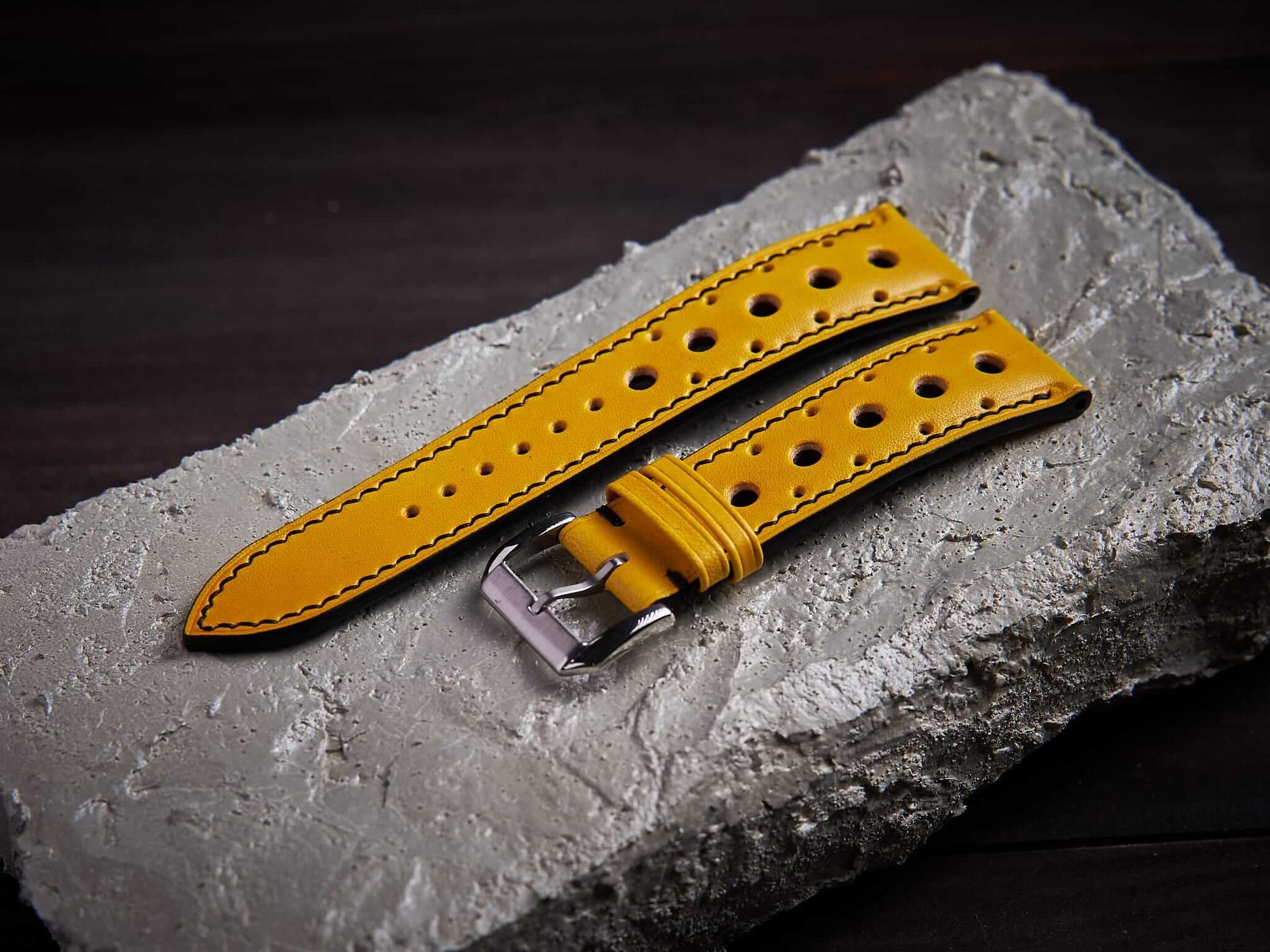 Yellow veg tan leather rally strap. Customizable size and details.-2 Moons Leather