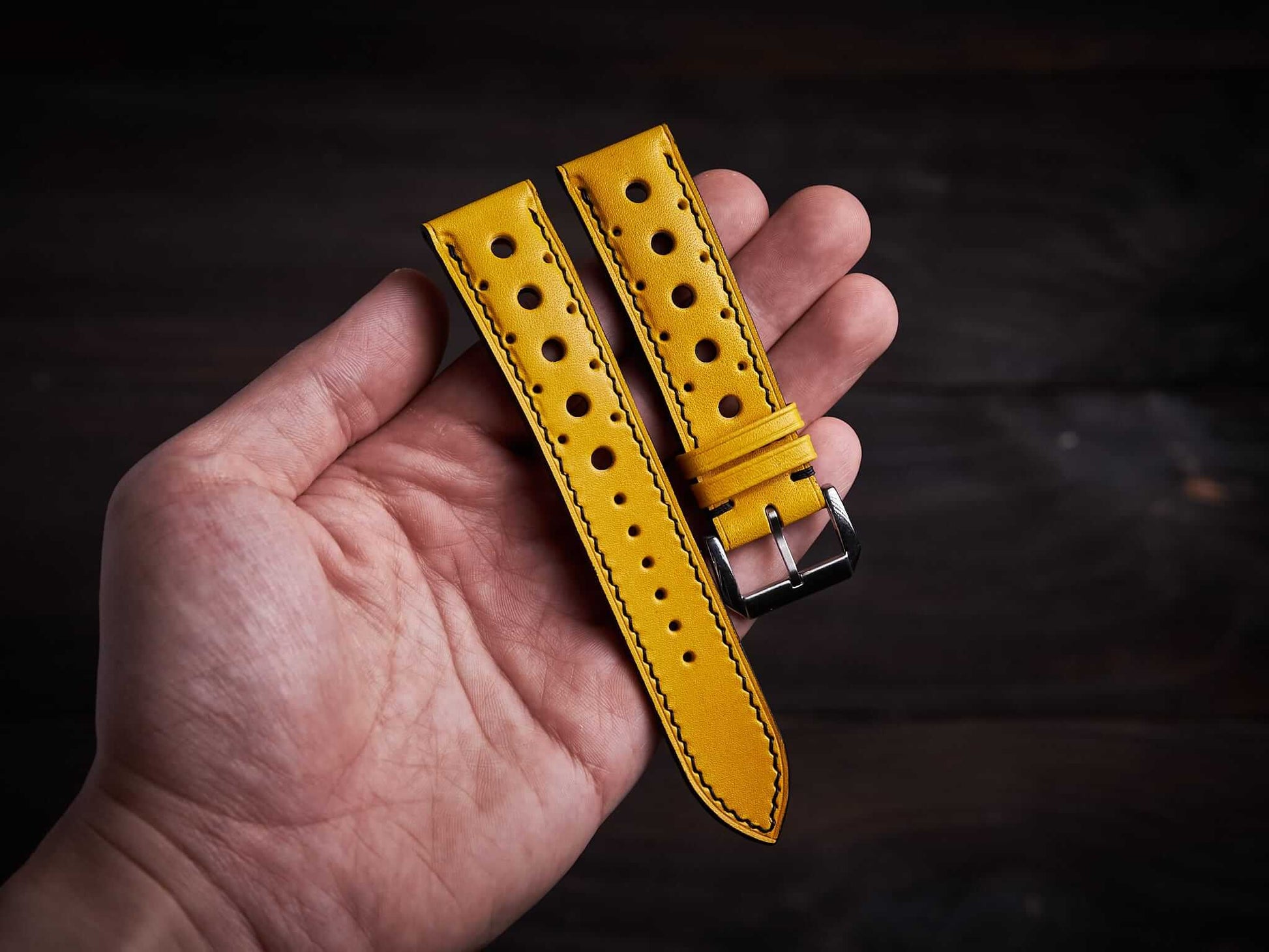 Yellow veg tan leather rally strap. Customizable size and details.-2 Moons Leather