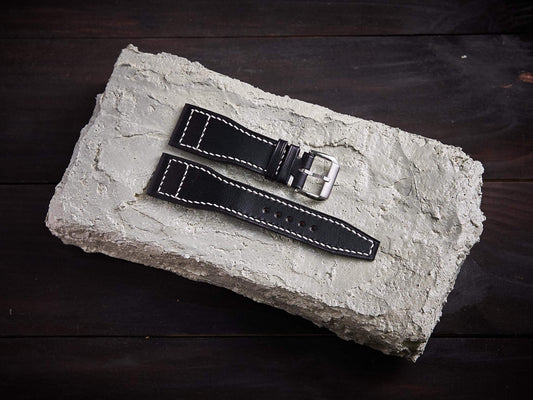 Black veg tan leather pilot strap. Customizable IWC strap.-2 Moons Leather