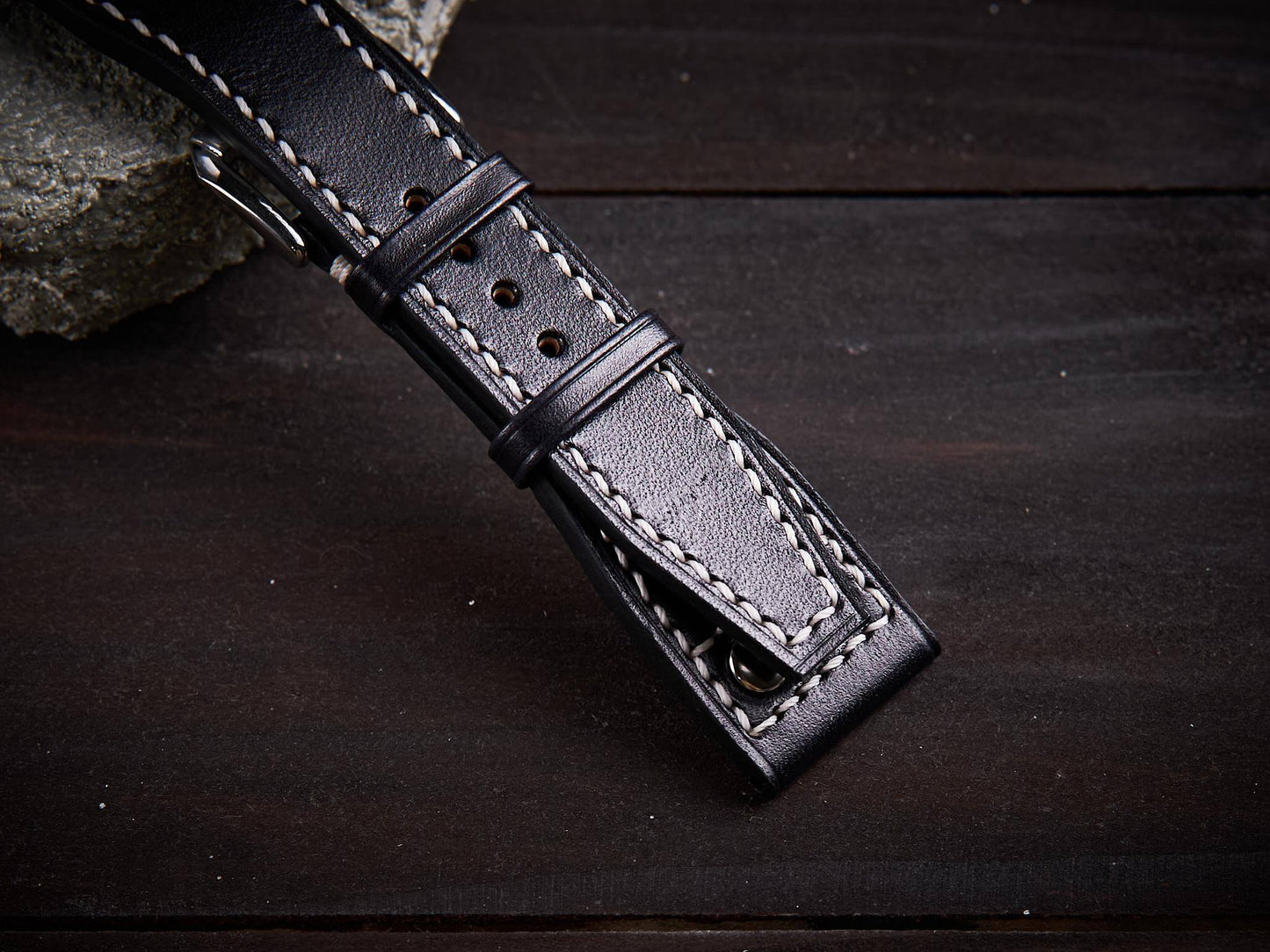 Black veg tan leather rivet pilot strap. Customizable IWC strap.-2 Moons Leather