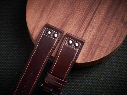 Dark brown veg tan leather rivet pilot strap. Customizable IWC strap.-2 Moons Leather