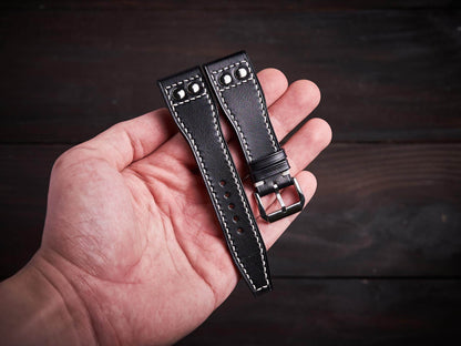 Black veg tan leather rivet pilot strap. Customizable IWC strap.-2 Moons Leather
