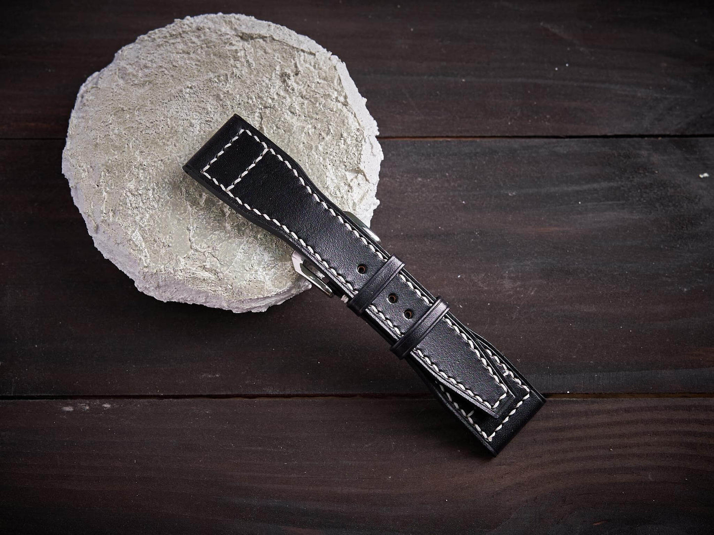 Black veg tan leather pilot strap. Customizable IWC strap.-2 Moons Leather