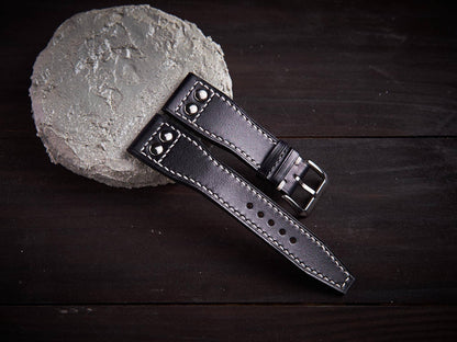 Black veg tan leather rivet pilot strap. Customizable IWC strap.-2 Moons Leather