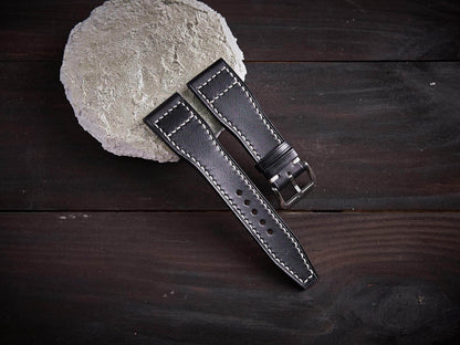 Black veg tan leather pilot strap. Customizable IWC strap.-2 Moons Leather