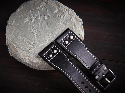 Black veg tan leather rivet pilot strap. Customizable IWC strap.-2 Moons Leather
