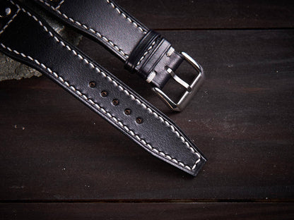 Black veg tan leather rivet pilot strap. Customizable IWC strap.-2 Moons Leather
